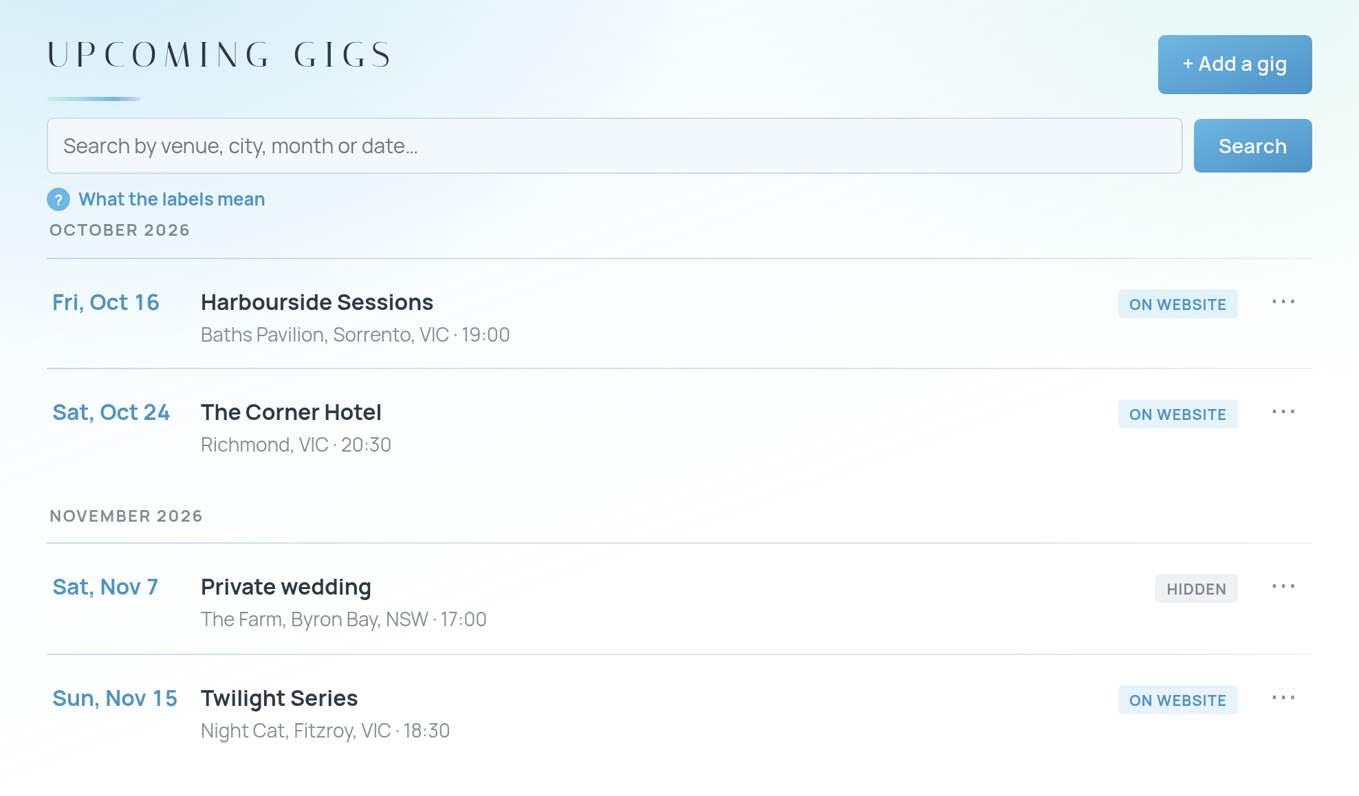 Your gigs in Auralis, listed by month with each one marked on website or hidden